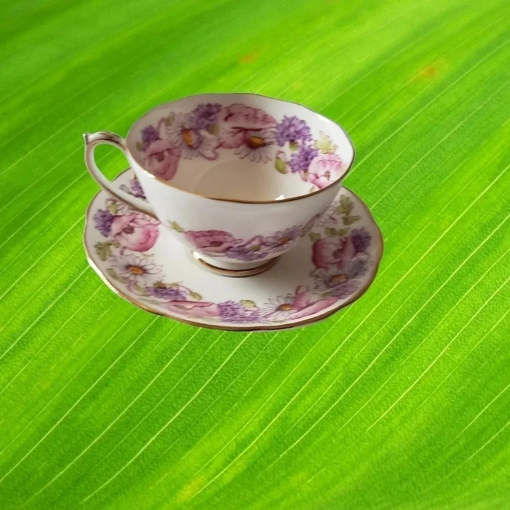 Vintage Roslyn Ambleside Cup And Saucer Pink Poppies Daisies 1950s English Bone